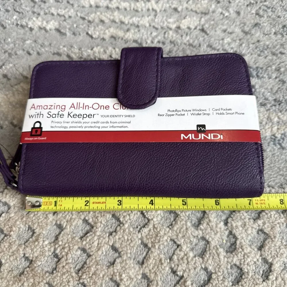 Mundi All In One Purple Clutch Safe Keeper Zipper Photos Card Slots Wrist Strap